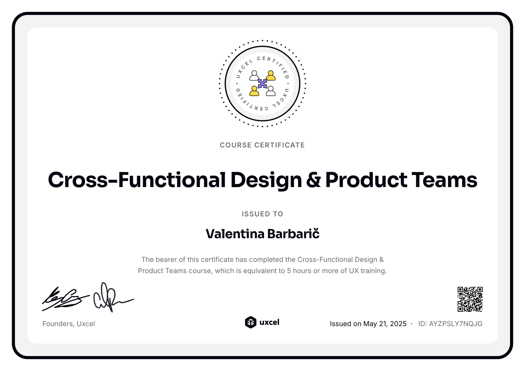 Valentina Barbarič's certificate